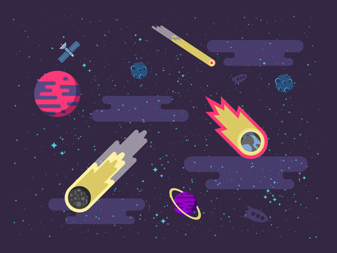 illustration space background with comets, meteorites, stars, planets, nebulae in a flat style