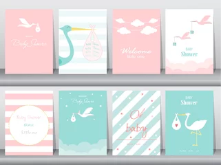 Fototapeten Set of baby shower invitations cards,poster,greeting,template,stork,Vector illustrations   © issaystudio