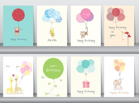 Set of birthday cards,poster,template,greeting cards,sweet,balloons,animals,Vector illustrations