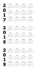 Set of simple calendars in spanish on 2017, 2018, 2019
