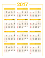Calendar for 2017 year on white background. Vector design print template. Week starts Sunday. Stationery design