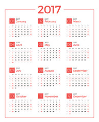 Calendar for 2017 year on white background. Vector design print template. Week starts Sunday. Stationery design
