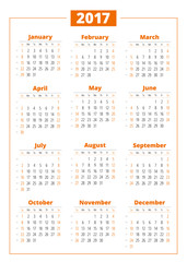 Calendar for 2017 year on white background. Vector design print template. Week starts Sunday. Stationery design