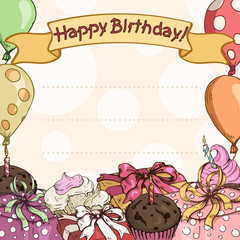 Festive  greeting-card with cakes, gift-boxes and balloons