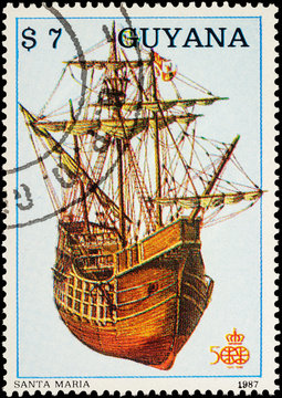 Antique sailing ship "Santa Maria" of Christopher Columbus on po