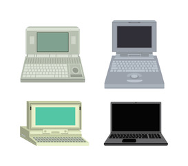 Old computer technology vector isolated. Telecommunication equipment old vintage pc monitor frame computer modern office network. Old computer device electronic equipment space.