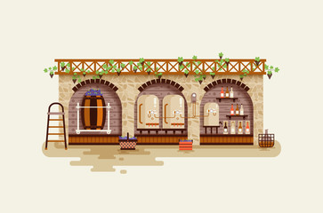 illustration interior of wine factory, processing  grapes for manufacture  alcoholic beverages in flat style
