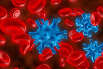 The red blood cells. 3D render of blood defeat the virus. Red blood cells are fighting the bacteria. Protection of cages of an organism.