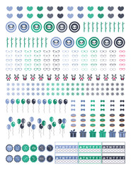 Printable letter size sheet with decorative happy balloons,present icons,horoscope,astrology,designers dots,ribbons and habit trackers.For life planner,agenda,bujo,planner,Vector clipart.Clipart