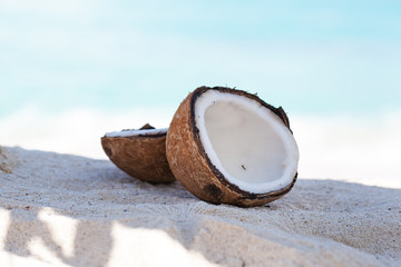 Broken brown coconut on sandy beach