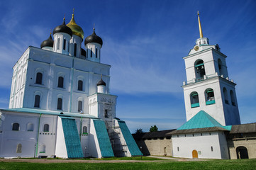 View of Trinity Cathedral and the bell tower in Pskov Kremlin. Pskov, Russia