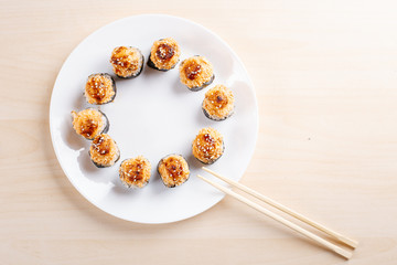 cooked pizza on thin crust in the kitchen