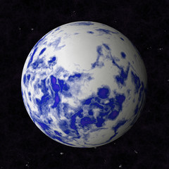 Abstract oceanic planet is blue with white clouds.