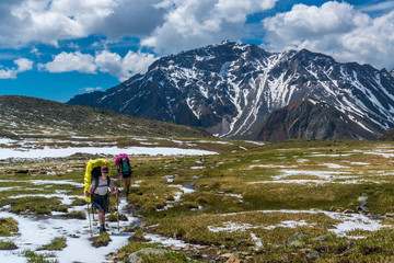Fototapeta premium Tourists go on snow-covered alpine meadows in tunka range