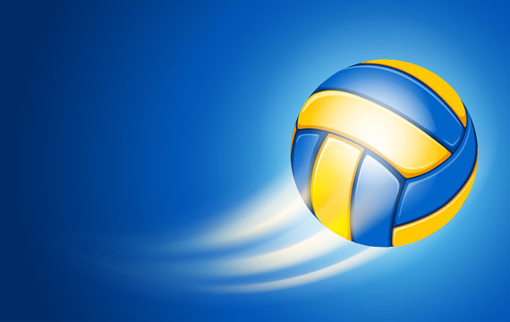 Horizontal Card for Volleyball Club with Flying Volleyball Ball on blue Background. Realistic Editable Vector Illustration. 