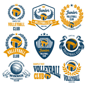 Set of Emblems, Logos and Labels on Volleyball Theme and for Volleyball Club. Colored Vector Illustration. Isolated on White Background.