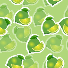Pattern. lime and leaves and slises same sizes on lime background. Transparency lime.