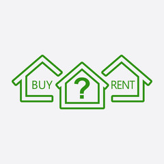 Concept of choice between buying and renting house in line style. Green home icon with the question. Vector illustration in flat style on white background.