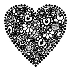 Vector decorative hand drawn  illustration. Black and white icon of playings cards in the shape of heart with ornamental decorative elements with traditional motives,geometric figures,dots and flowers