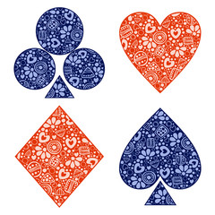 Vector decorative hand drawn  illustration. Blue and red set of icons of playings cards with ornamental decorative elements with traditional motives, geometric figures, dots and flowers