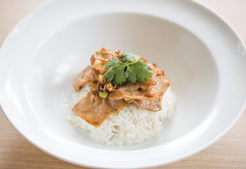 Close up of Fried pork with garlic and pepper on rice, Thai food style