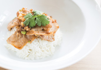 Close up of Fried pork with garlic and pepper on rice, Thai food style