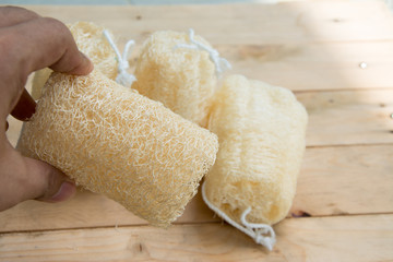 shower equipment made from fiber of zucchini on wood pallet background