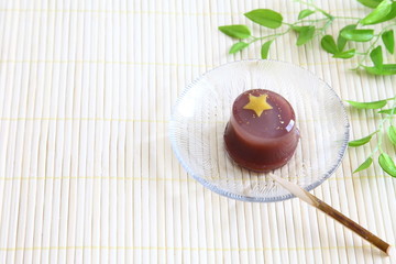 Japanese traditional summer sweet azuki-bean jelly Mizu-yokan covered with beautiful star shaped citron flavored jelly