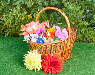 Fototapeta na wymiar Yellow and red dahlia near Easter basket with flowers and eggs