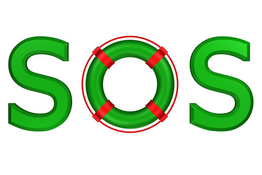 Concept: word SOS with lifebuoy. 3D rendering.
