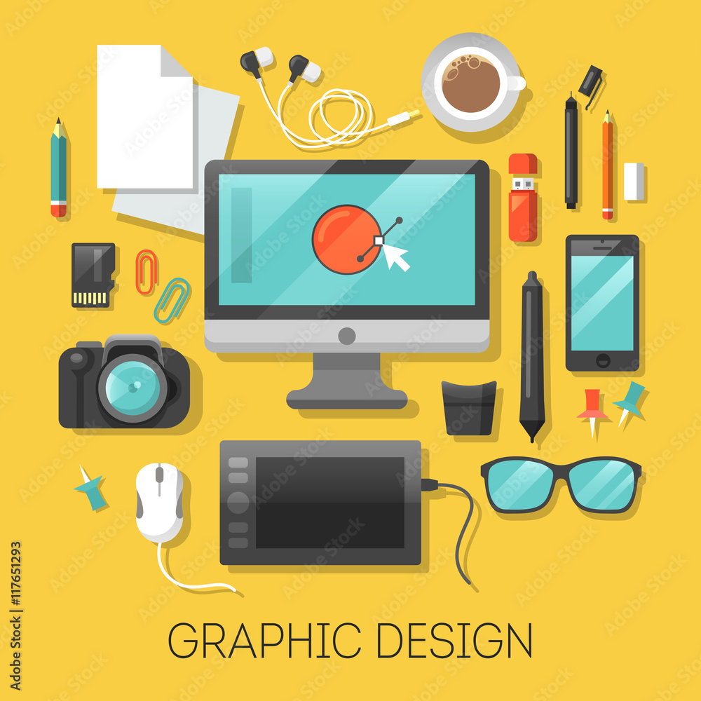 Poster graphic design workplace with computer and digital tools. vector illustration