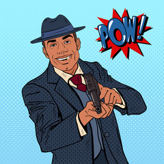 Pop Art Mafia Boss with Gun and Golden Tooth. Vector illustration