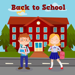 Plakat Back to School Education Concept with School Building and Pupils. Vector illustration