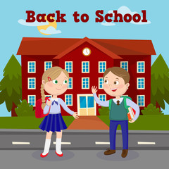 Back to School Education Concept with School Building and Pupils. Vector illustration