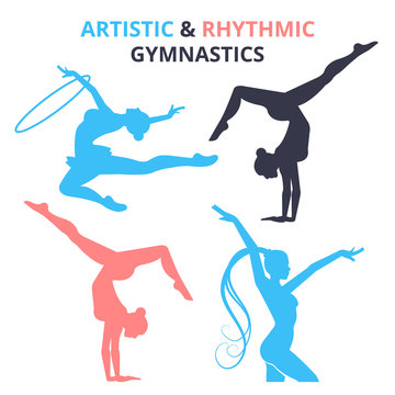 Artistic and rhythmic gymnastics women silhouettes set. Vector illustration