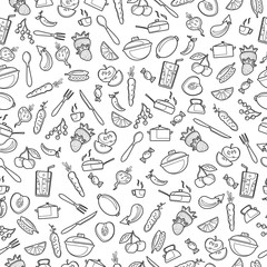 Estores personalizados para cocina con tu foto Seamless pattern with outline icons on a theme kitchen accessories and food , a dark outline on a light background