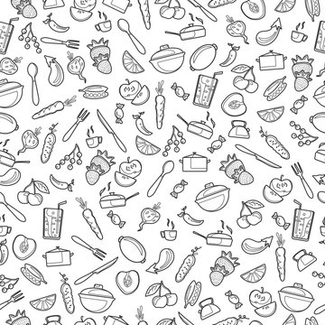 Seamless pattern with outline icons on a theme kitchen accessories and food , a dark outline on a light background