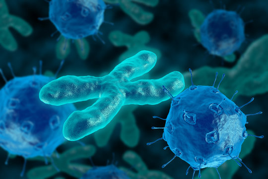 Bacteria invade the chromosome. 3D render virus attacks the chromosomes