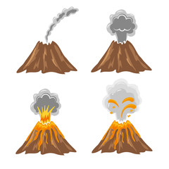 Different stages of volcano. Vector set of volcano eruption icons isolated on white. 