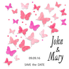 Obraz na płótnie Canvas Wedding invitation design with watercolor butterflies. Vector illustration in pink and violet, can be used as birthday card, party invitation, greetings. 