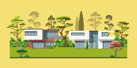 Illustration of two modern family houses with trees