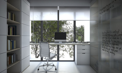 3D rendering working room with book shelf and daylight