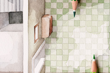 Pair of opposing wooden pencil tips over watercolor painting of bathroom tiling pattern