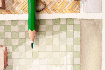 Glazed sharp pencil shot over bathroom tiling illustration with checkers pattern and watercolor splashy flooring texture that shows artistic approach in interior design