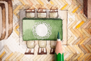 Cute shot of sharp glazed wooden pencil over watercolor floor plan illustration showing classic table with six chairs, lace tablecloth and parquet flooring