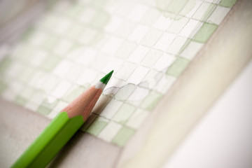 Macro closeup image of light green pencil on splashy illustrated bathroom floor plan with checkers tiling pattern