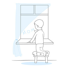 The little boy writes mother at a window. Lonely sad child. Linear vector illustration