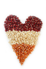 chicchi di mais di differenti colori a forma di cuore su sfondo bianco