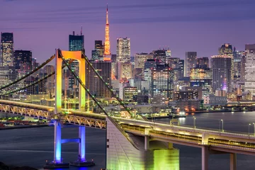 Poster Tokyo, Japan Cityscape with Rainbow Bridge and Tokyo Tower. © SeanPavonePhoto