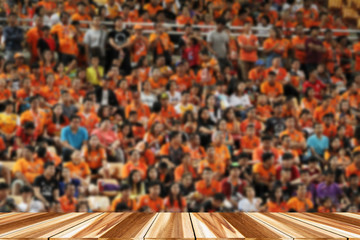 Perspective wood and Empty top wooden shelves of Soccer fans in